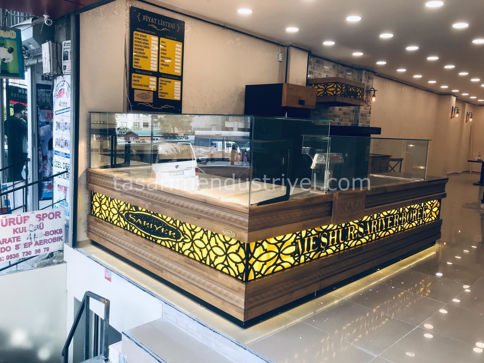 Börek Tezgahı & Kasa Bankosu Seti - Ceviz İşlemeli Ahşap Model